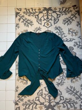 Abbeline Teal Tie-Front V-Neck Blouse with Ruffle Sleeves